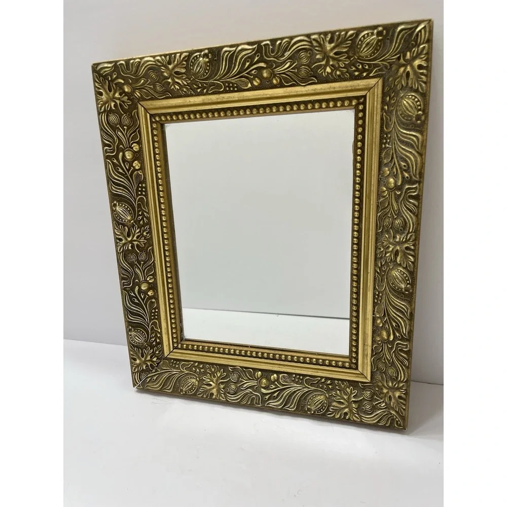 Vintage Wooden Framed Mirror Floral GoldTone Square 14x12